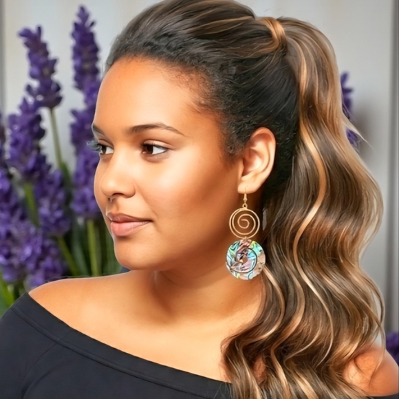 14K Gold Plated Spiral Abalone Shell Earrings | Lightweight Statement Dangles - Picture 4 of 9